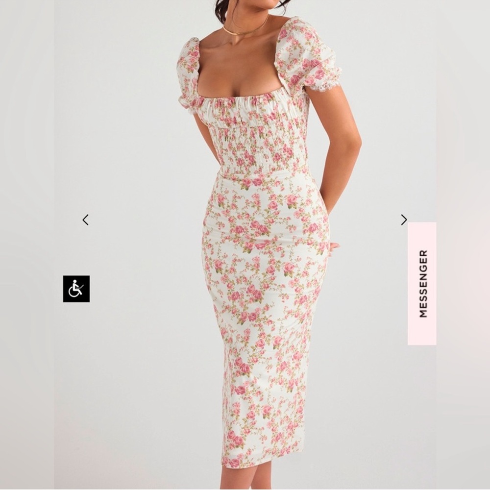 House of CB Pink Puff Sleeve Square Neck Midi Dress
